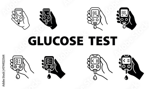 Glucose test meter icon set showing blood sugar check illustration
