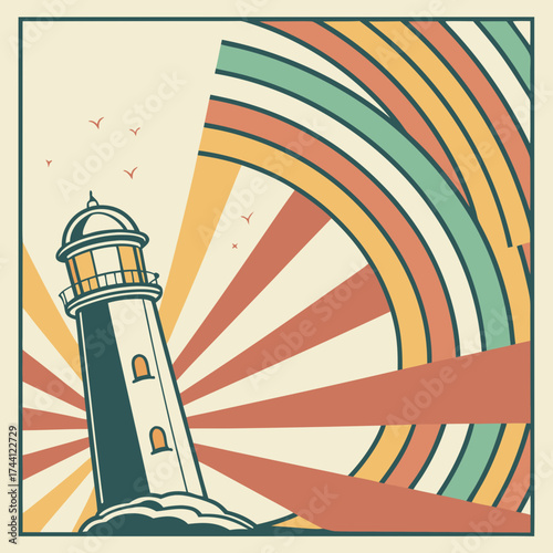 Retro lighthouse illustration with sunburst and rainbow