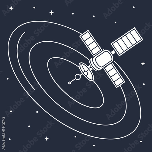 Satellite orbiting planet, hand drawn vector illustration