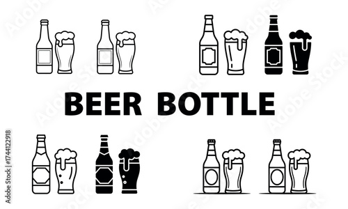 Beer bottle and glass icon set in minimal vector illustration style
