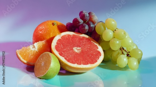 Studio shot of fresh colorful fruits and vegetables on a minimal background. Concept: Healthy eating, nutrition, fresh produce, wellness, clean eating, natural foods, vibrant food photography.