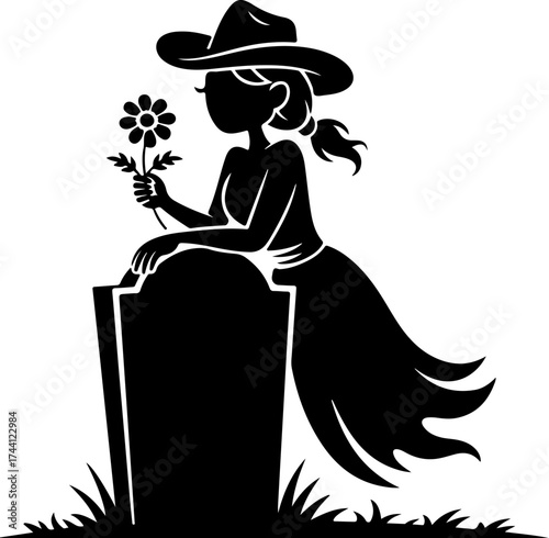 Silhouette of a woman in a cowboy hat placing a flower on a tombstone
