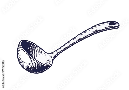 Vintage ladle with a long handle, featuring intricate detailing and a polished finish, ideal for serving soups and stews in a cozy winter kitchen setting