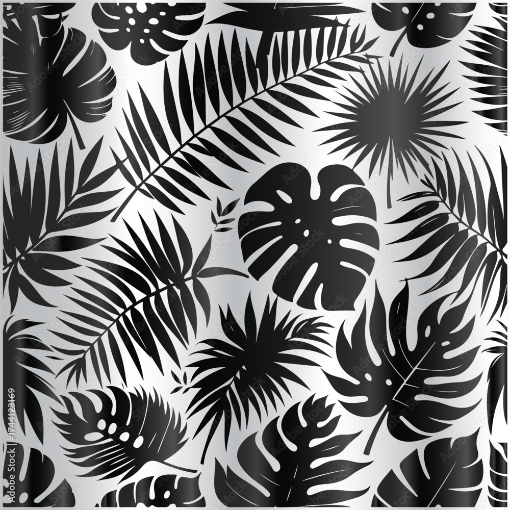 Naklejka premium tropical palm and monstera leaves arranged in seamless BACKGROUND