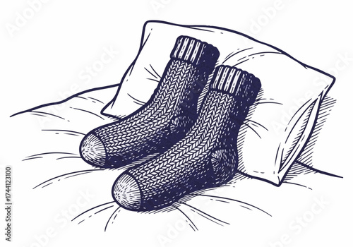 Cozy knitted socks resting on a soft pillow, creating a warm and inviting atmosphere, perfect for winter relaxation and comfort at home