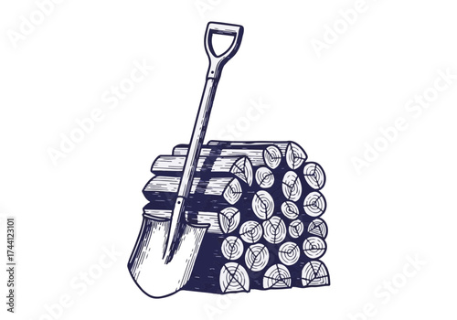 Shovel resting against a neatly stacked pile of firewood, showcasing the rustic charm of winter preparations, ideal for cozy fireside gatherings and outdoor activities