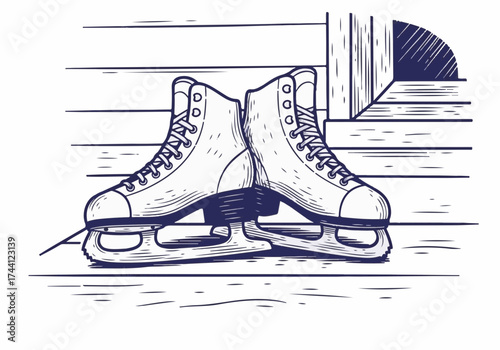 Ice skates resting on wooden floor, showcasing detailed laces and blades, surrounded by a cozy winter ambiance, perfect for winter sports enthusiasts and seasonal activities