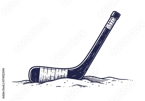 Hockey stick resting in snow, showcasing winter sports equipment, with a focus on texture and design, representing the essence of winter activities and outdoor fun