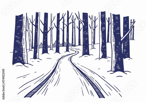 Winter landscape featuring a winding path through a snow-covered forest with tall trees and bare branches, creating a serene and tranquil atmosphere in a seasonal setting