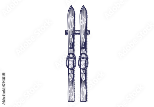 Vintage wooden skis with bindings, showcasing intricate details and craftsmanship, perfect for winter sports enthusiasts and nostalgic outdoor adventures