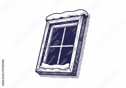 Snow-covered window frame with frosty glass, showcasing winter scenery outside, creating a cozy atmosphere and inviting warmth during cold season