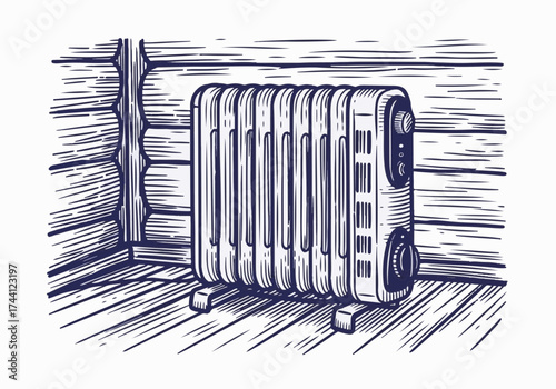 Vintage radiator heater in a cozy wooden room, providing warmth during winter, showcasing intricate details and textures, enhancing the atmosphere of comfort and nostalgia