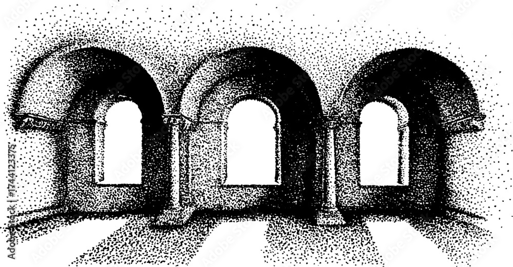 Naklejka premium Minimal shrine with detailed dotwork stippling and arches for artistic design projects