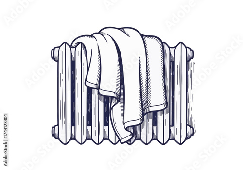 Cozy winter scene featuring a vintage radiator with a soft blanket draped over it, evoking warmth and comfort during cold weather months