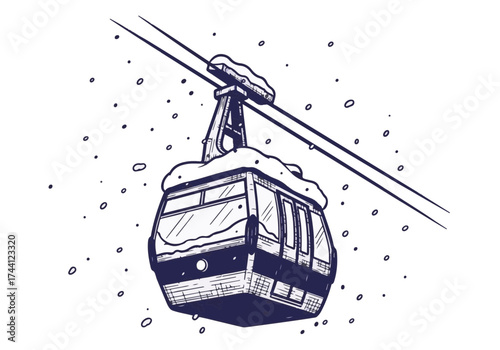Snow-covered gondola lift suspended in winter landscape, surrounded by falling snowflakes, showcasing serene mountain scenery and winter adventure concept