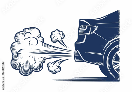 Car exhaust emitting smoke with stylized clouds, showcasing vehicle dynamics and environmental impact, emphasizing automotive design and engineering concepts
