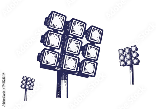 Illustration of multiple sports floodlights arranged in various positions, showcasing their design and functionality in a winter sports setting with a clear sky