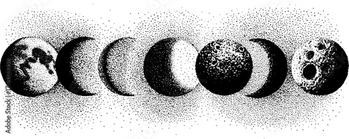 Minimalist dotwork stippling illustration of moon phases for art and design
