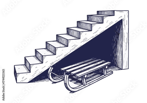 Sleek wooden sled resting beneath a modern staircase, showcasing a winter scene with a cozy atmosphere and inviting design elements for seasonal activities