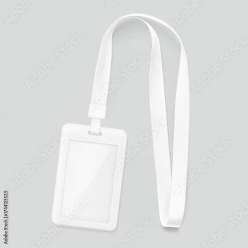Lanyard with id card mockup. Vector illustration isolated on grey background. Ready mockup to use for for presentations, conferences and other business situations. EPS10.
