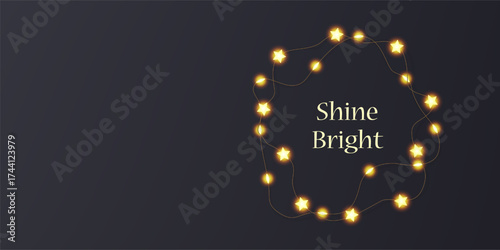 Star light garland wreath, fairy bulbs vector holiday card. Merry Christmas, Shine bright typography in shiny border. Wired lamps shine around text, glitter ribbon ornament. Bright warm chain flatlay