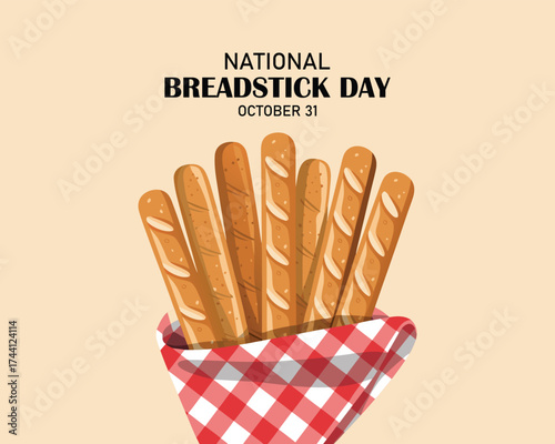 Several Breadstick with red checkered cloth and bold text in circle frame on light brown background to celebrate National Breadstick Day on October