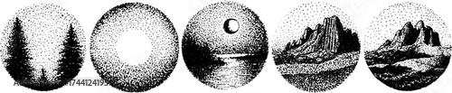 Detailed organic dotwork stippling set with natural landscapes and textures