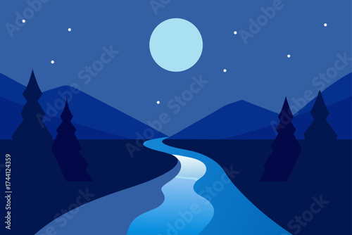 Calm river under moonlight vector illustration