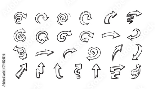 Collection of hand drawn arrow icons showing direction and movement various styles and curves