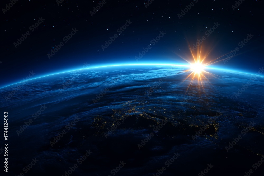 Obraz premium Breathtaking sunrise over earth from space with vibrant horizon and starry sky