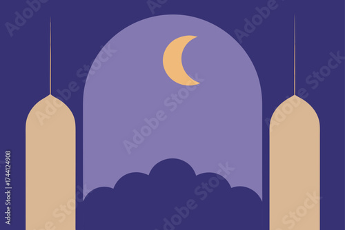 Islamic crescent moon over archway vector illustration
