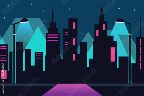 Urban led pulse neon cityscape at night vector illustration