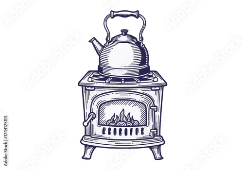 Vintage stove with kettle on top, showcasing intricate details and warm flames, creating a cozy atmosphere perfect for winter gatherings and nostalgic moments