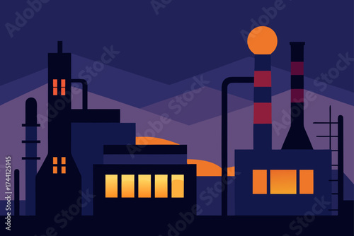 Industrial factory at dusk with warm glowing windows vector illustration
