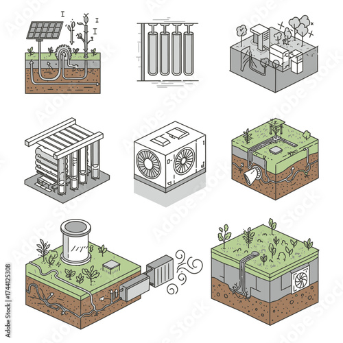 Detailed isometric line art illustrations depicting various sustainable energy technologies, eco-friendly infrastructure, and environmental solutions in cross-section views.