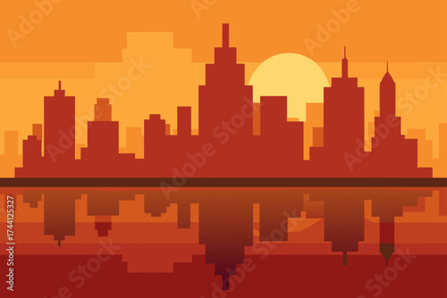 Amber skyline cityscape reflection sunset vector illustration