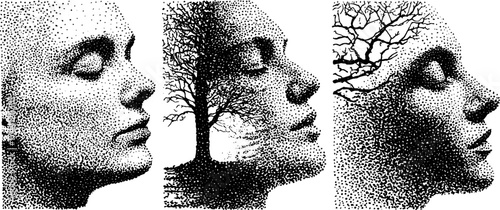 Intricate dotwork profile illustrations with tree and branch elements for artistic design