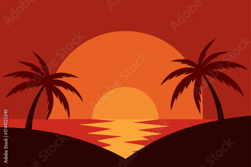 Crimson sunset over tropical coconut bay vector illustration