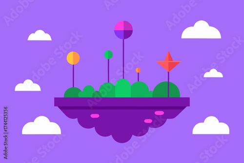 Floating island garden with trees in a violet sky vector