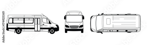 Minibus blueprint design views set, Multiple views outline