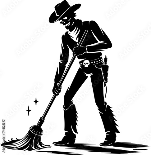 Skeleton Cowboy Sweeping Floor with Broom - Black and White Illustration