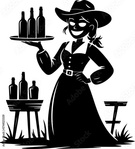 Silhouette of a mysterious cowgirl waitress serving drinks in a vintage western saloon