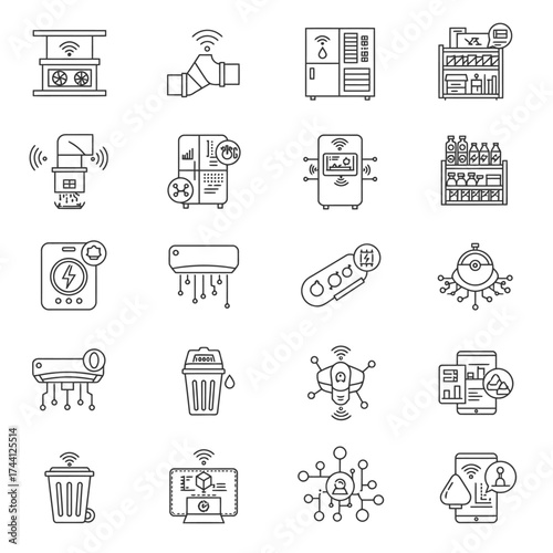 This collection features modern smart home and Internet of Things line icons, showcasing advanced technological devices for automated living and future connectivity.