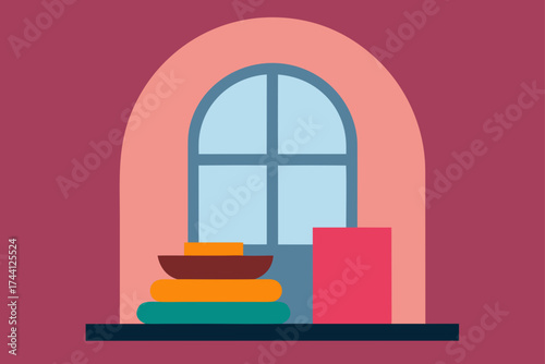 Cozy window nook with layered cushions and soft blankets vector art