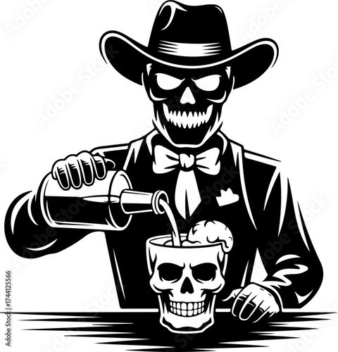 Menacing skeleton bartender cartoon pouring drink into a skull mug. Spooky western character design for themed events and Halloween graphics