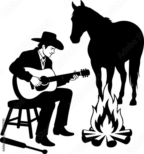 Campfire Serenade Cowboy, Horse, Guitar, and Harmonious Night