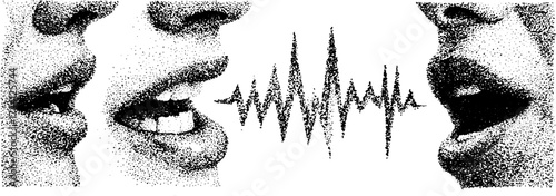 Abstract dotwork illustration of repeating faces with soundwave pattern for artistic design