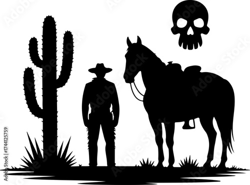 Western Cowboy Silhouette with Horse and Cactus Skull Graphics