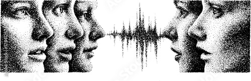 Detailed dotwork stippling art of faces in graphic repetition for creative design