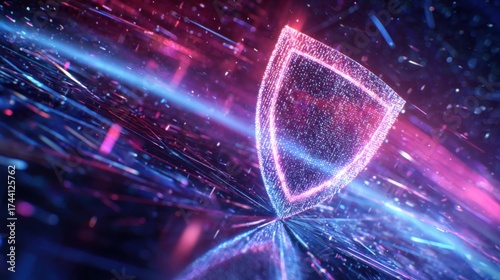 A glowing digital shield appears amidst vibrant light trails, symbolizing protection and security in a futuristic, tech-inspired setting.